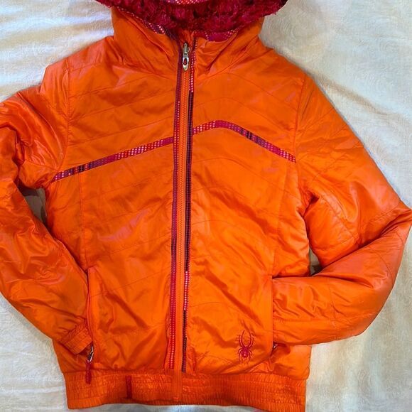 Spyder Spider Reversible Puffer Jacket Neon Orange Hot Pink Fur - Picture 1 of 15